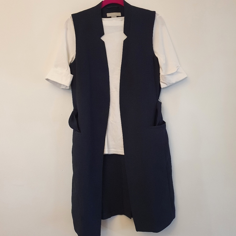 H&M open front belt long vest navy blue